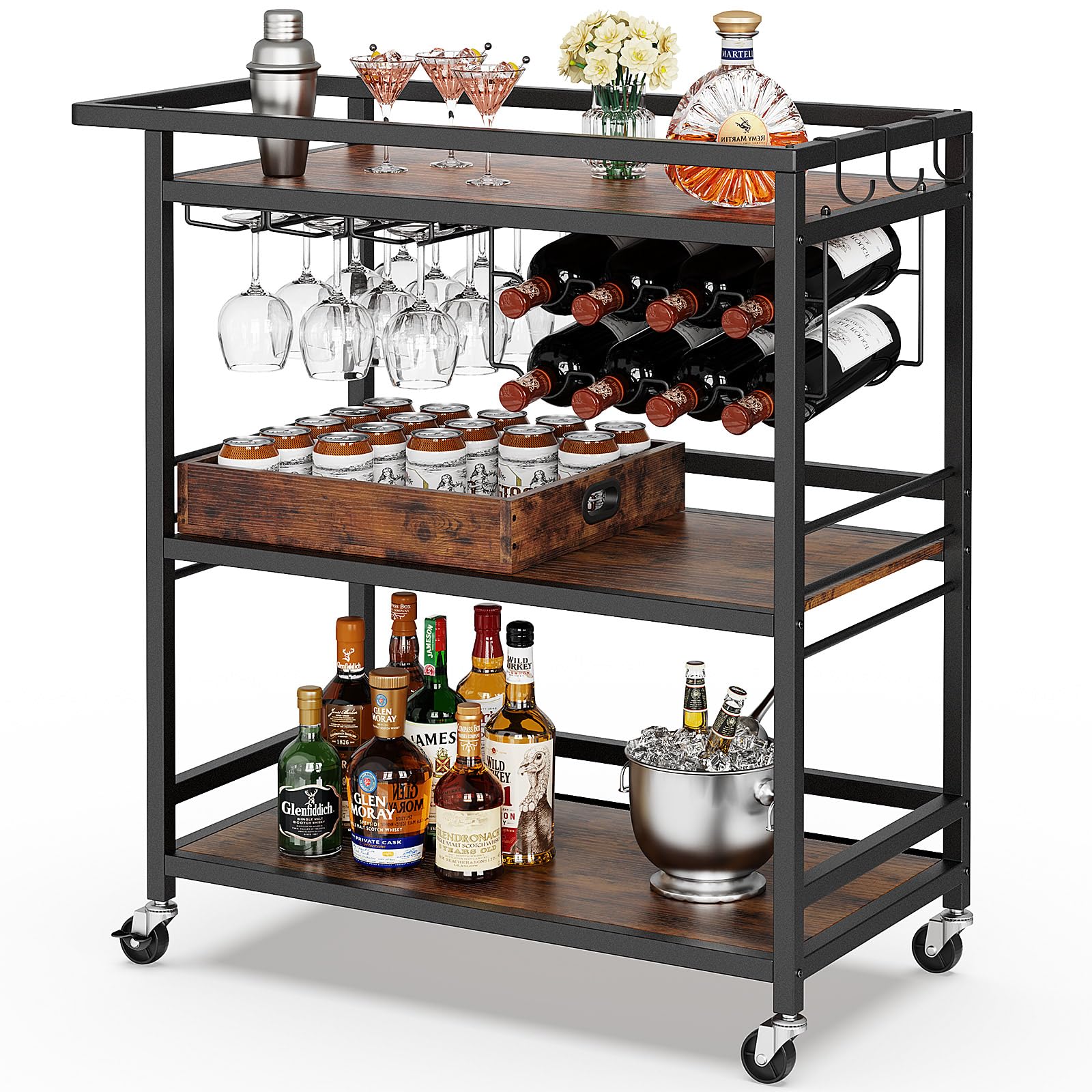 Leteuke Bar Cart for Home, 3 Tier Gold Serving Rolling Carts with Wheels, Drink Cart, Liquor Stand with Marbled Wooden Shelves, Wine Rack and Glass Holder for Kitchen, Dining Room