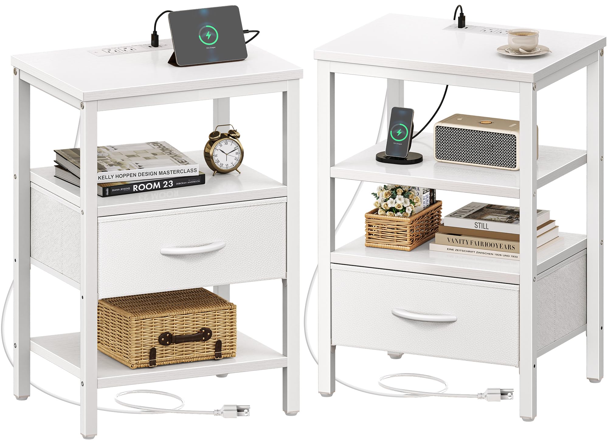 SUPERJARE Nightstand with Charging Station, Bed Side Table with Adjustable Fabric Drawer, Night Stand for Bedroom, 3-Tier Storage End Table, for Living Room, Rustic Brown and Black