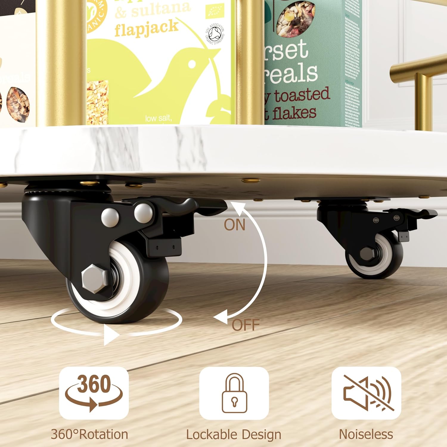 GarveeHome 3-Tier Bar Cart on Wheels, Mobile Serving Cart with Wine Rack and Glass Holder, Metal Kitchen Utility Cart for Coffee Station, Mini Home Bar, Dining Room - Gold+White