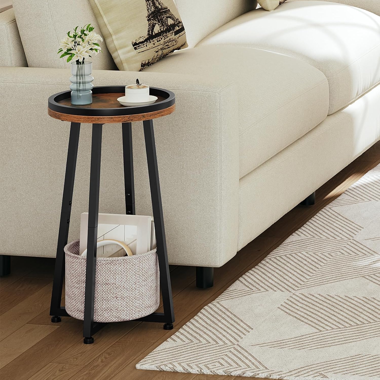 HOOBRO Small Round Side Table, 2-Tier Round Sofa End Table, Compact Nightstand with Cotton Linen Storage Basket, for Small Space, Living Room, Bedroom, Dorm, Rustic Brown BF183BZ01