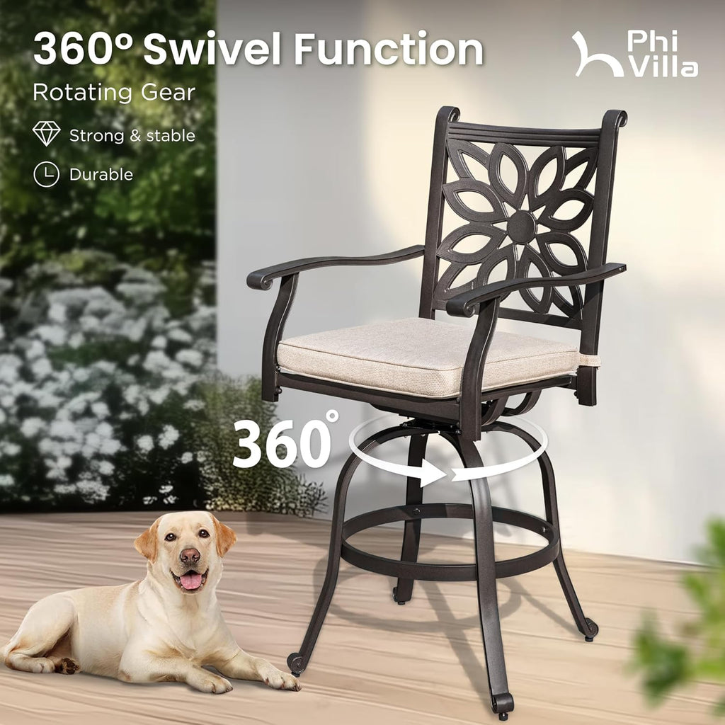 PHI VILLA Outdoor Swivel Bar Stools Set of 4, Cast Aluminum Patio Pub Height Bar Stool & Chairs with Seat Cushion