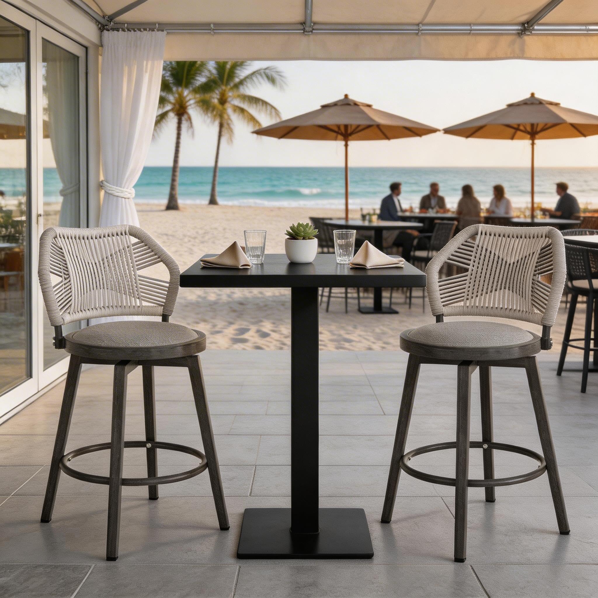 360° Swivel Outdoor Bar Stools Set of 4, Modern Aluminum Wicker Patio Chair with Olefin Rope Curved Backrest and Circular Cushion, Bar Stools for Patio, Garden, Kitchen, Mocha Grey