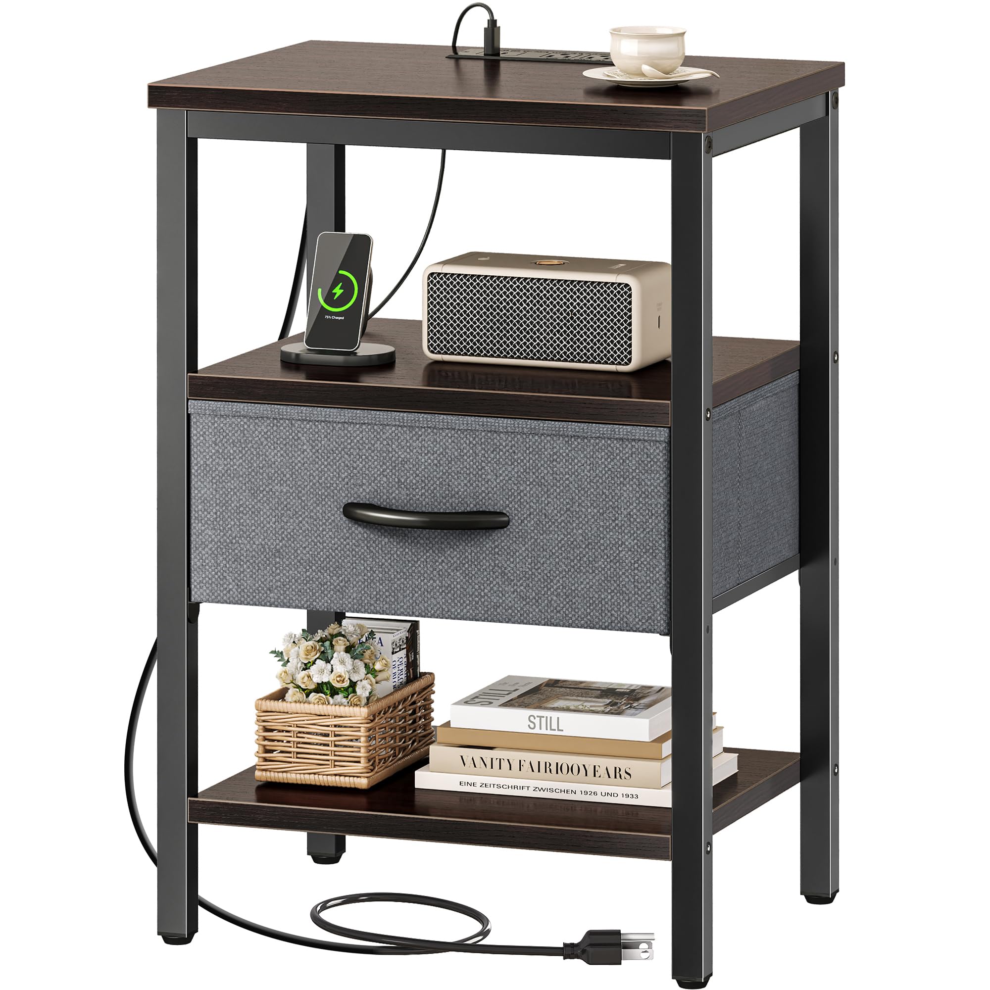 SUPERJARE Nightstand with Charging Station, Bed Side Table with Adjustable Fabric Drawer, Night Stand for Bedroom, 3-Tier Storage End Table, for Living Room, Rustic Brown and Black