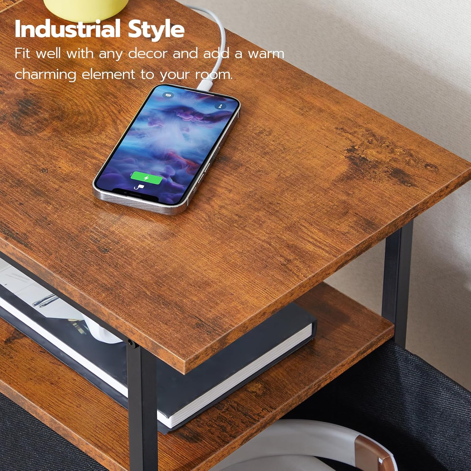 HOOBRO End Table with Charging Station, Narrow Side Table, Nightstand with 2 Non-Woven Drawers, Slim Sofa Side Table, for Small Spaces, Living Room, Bedroom, Rustic Brown and Black BF486UBZ01