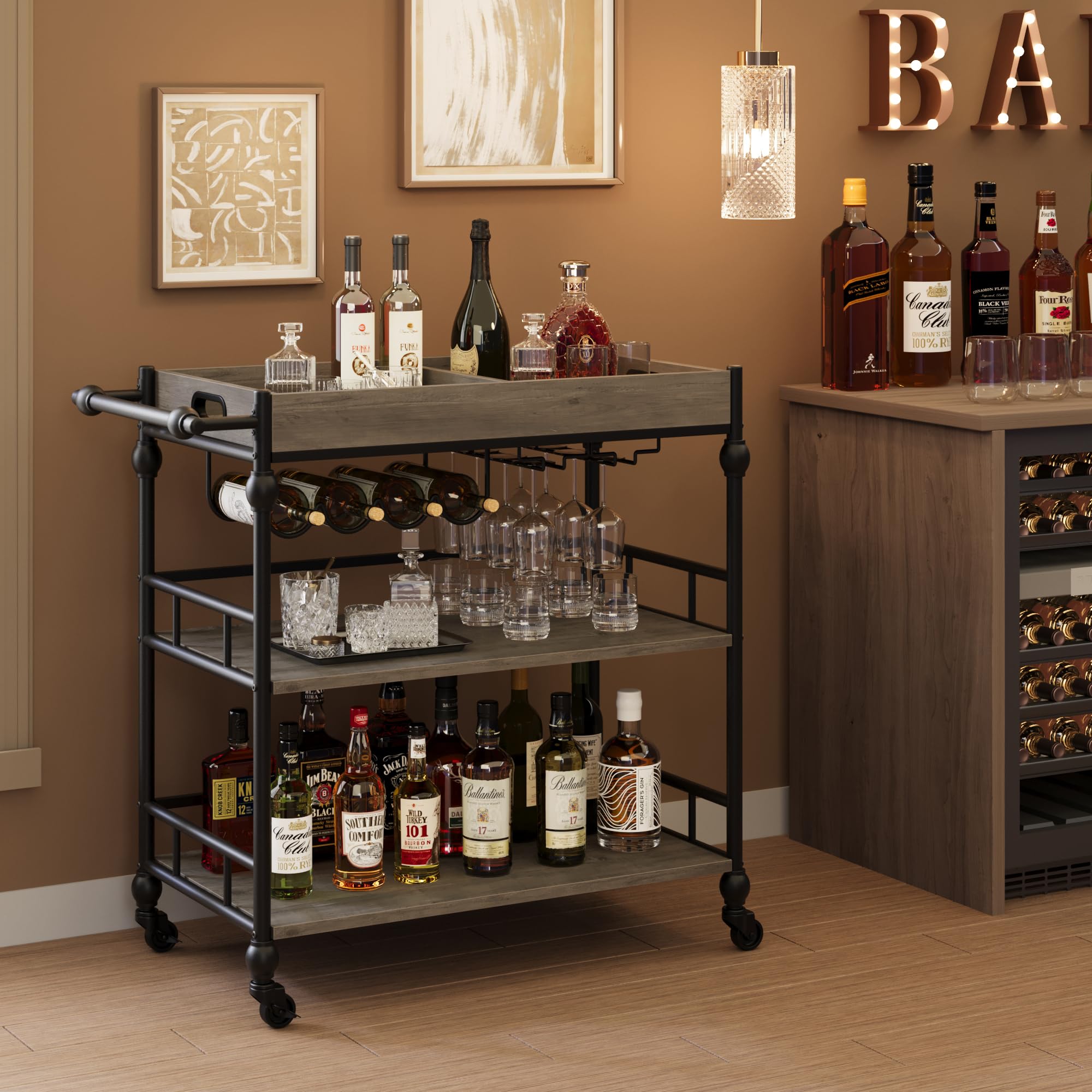 GarveeHome Bar Cart with Wheels, 3-Tier Serving Cart for Home, Mobile Rolling Beverage Cart with Wine Rack and Removable Tray for Kitchen, Dining, Living Room, 35.4" x 15.7" x 34.1", Black