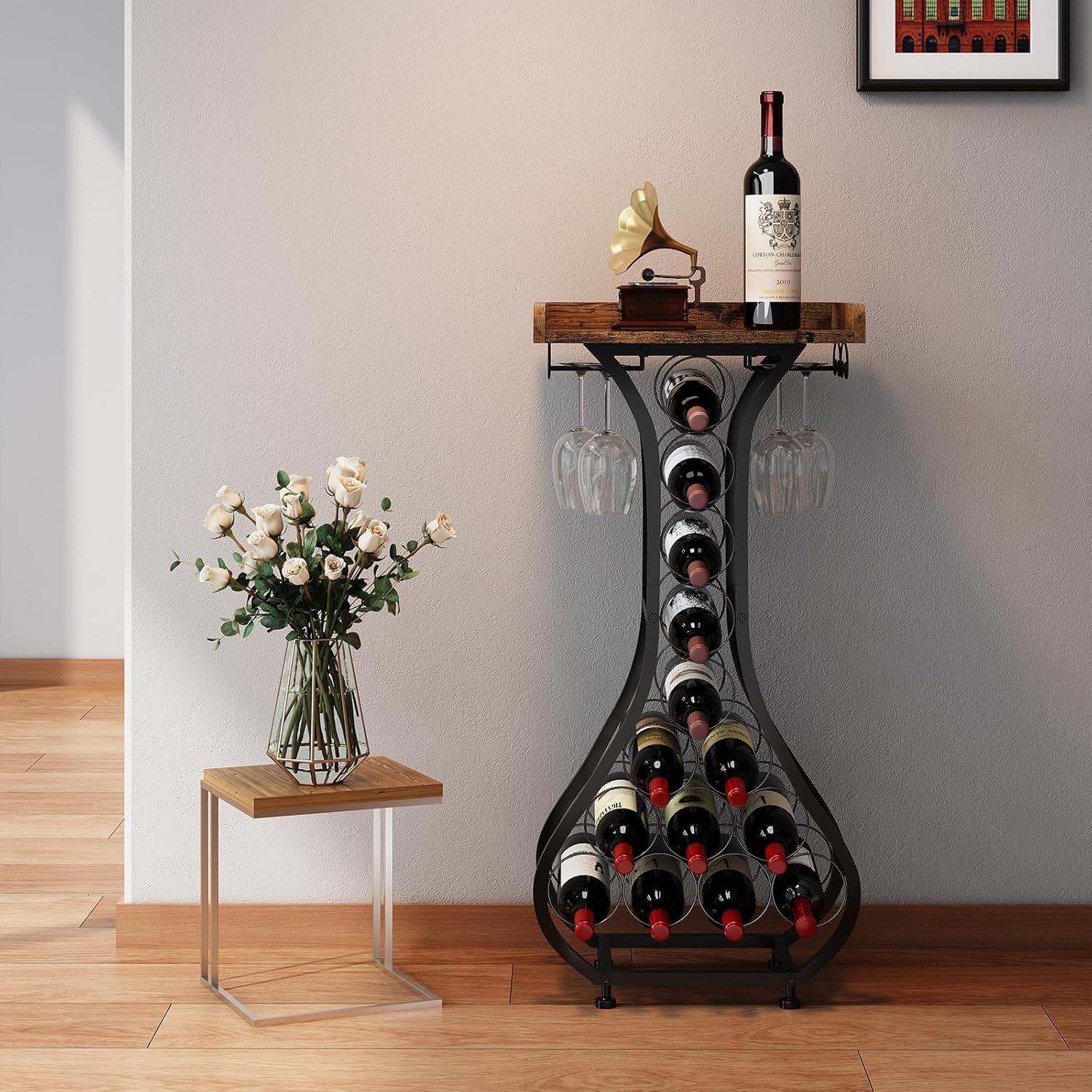 X-cosrack Wine Rack Freestanding Floor, Mini Bar Table Wine Holder Stand Liquor Cabinet with Glass Holder Wood Tabletop 14 Bottles Floor Wine Storage for Home Bar Kitchen Living Room