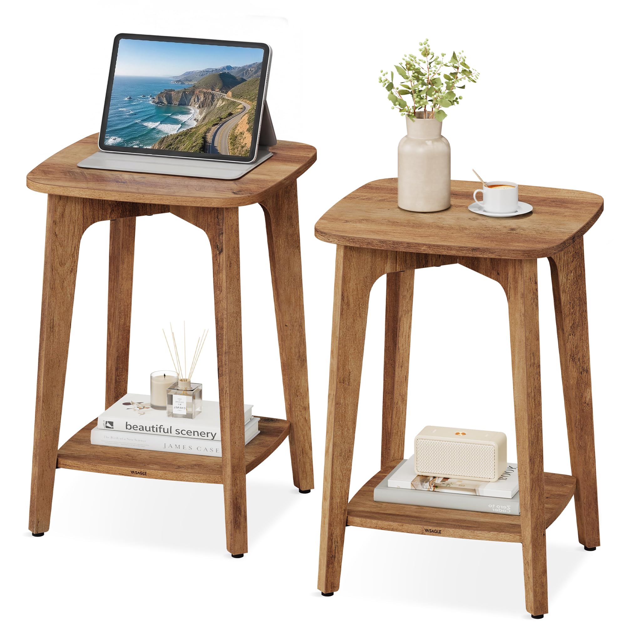 VASAGLE MAEZO Collection - Side Table, 2-Tier Small Square End Table, Nightstand with Tapered Legs, Curved Transitions, for Small Spaces, Living Room, Bedroom, Honey Brown ULET236K01