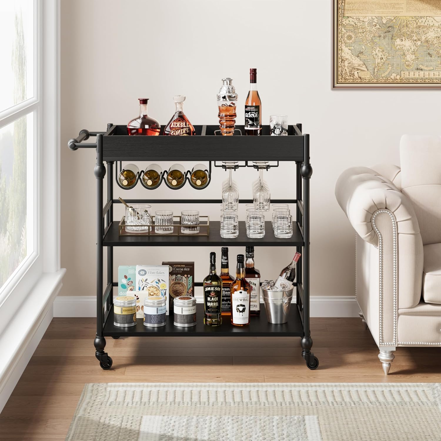 GarveeHome Bar Cart with Wheels, 3-Tier Serving Cart for Home, Mobile Rolling Beverage Cart with Wine Rack and Removable Tray for Kitchen, Dining, Living Room, 35.4" x 15.7" x 34.1", Black