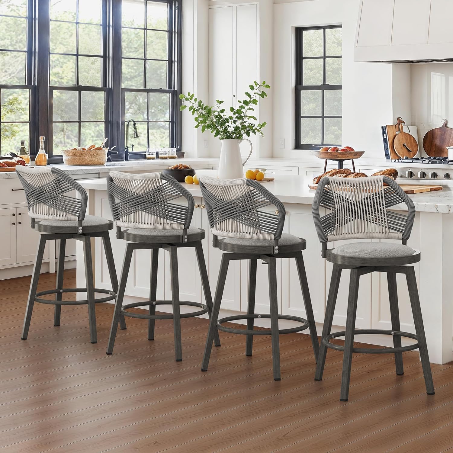 360° Swivel Outdoor Bar Stools Set of 4, Modern Aluminum Wicker Patio Chair with Olefin Rope Curved Backrest and Circular Cushion, Bar Stools for Patio, Garden, Kitchen, Mocha Grey