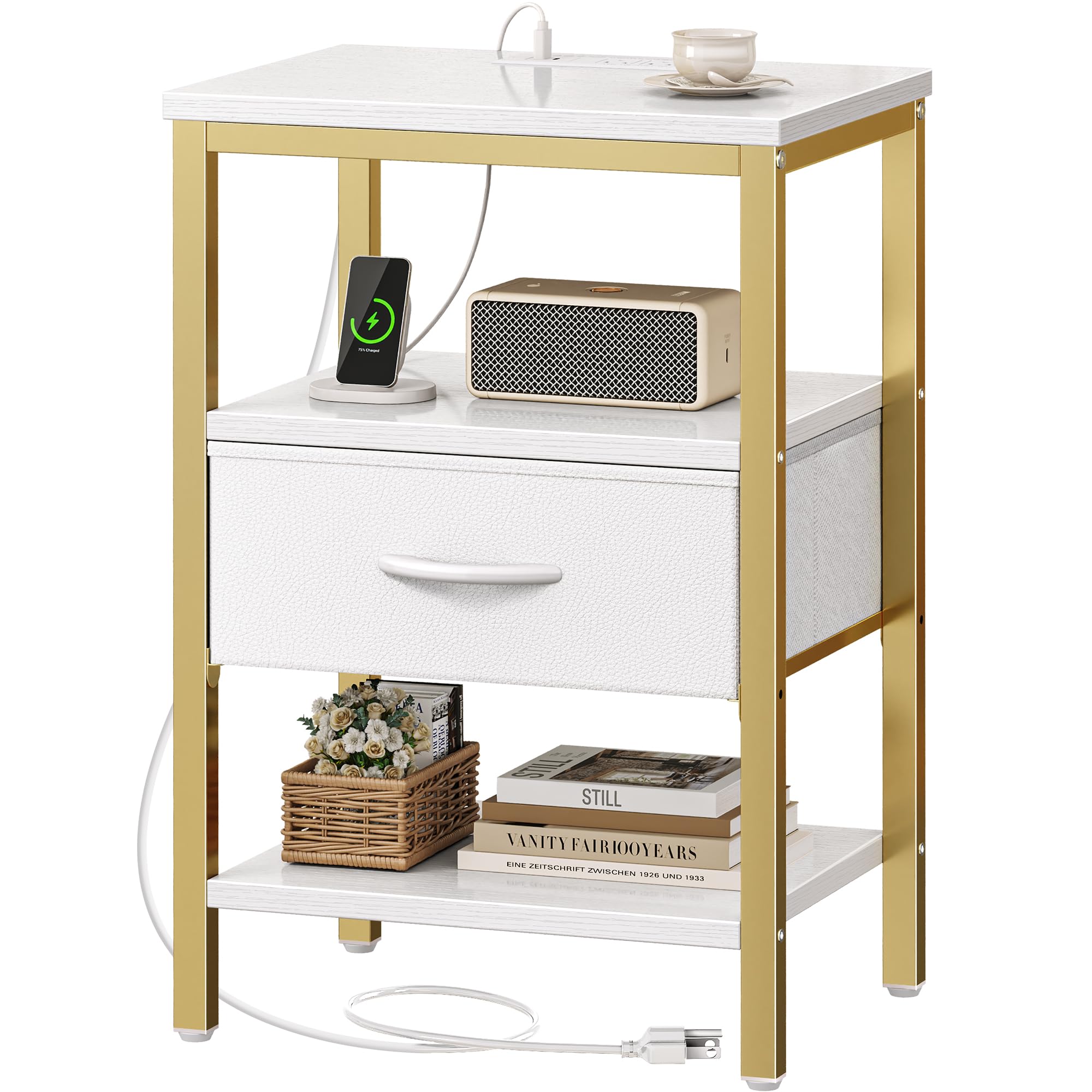 SUPERJARE Nightstand with Charging Station, Bed Side Table with Adjustable Fabric Drawer, Night Stand for Bedroom, 3-Tier Storage End Table, for Living Room, Rustic Brown and Black