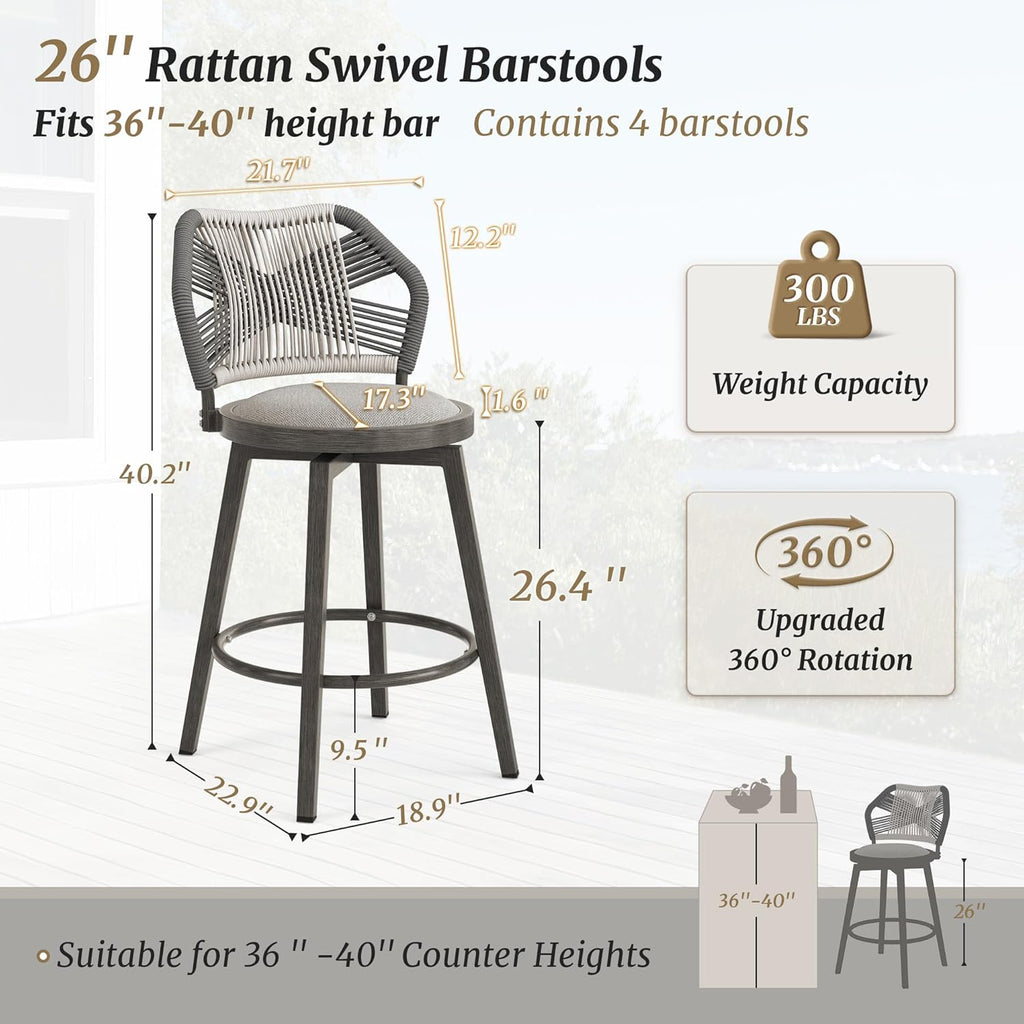 360° Swivel Outdoor Bar Stools Set of 4, Modern Aluminum Wicker Patio Chair with Olefin Rope Curved Backrest and Circular Cushion, Bar Stools for Patio, Garden, Kitchen, Mocha Grey