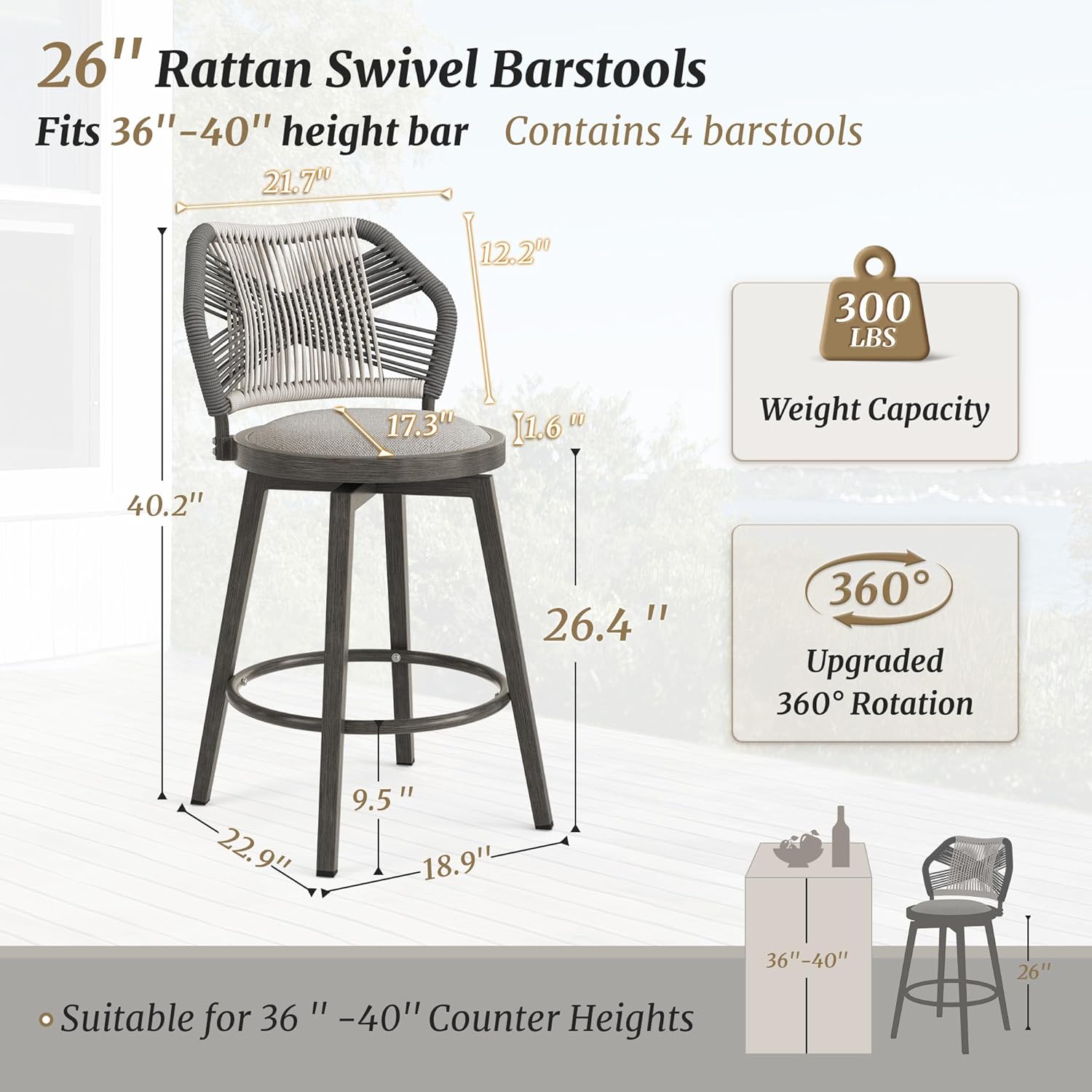 360° Swivel Outdoor Bar Stools Set of 4, Modern Aluminum Wicker Patio Chair with Olefin Rope Curved Backrest and Circular Cushion, Bar Stools for Patio, Garden, Kitchen, Mocha Grey