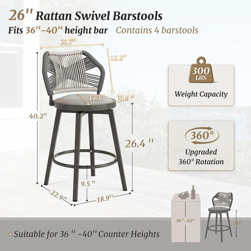 360° Swivel Outdoor Bar Stools Set of 4, Modern Aluminum Wicker Patio Chair with Olefin Rope Curved Backrest and Circular Cushion, Bar Stools for Patio, Garden, Kitchen, Mocha Grey