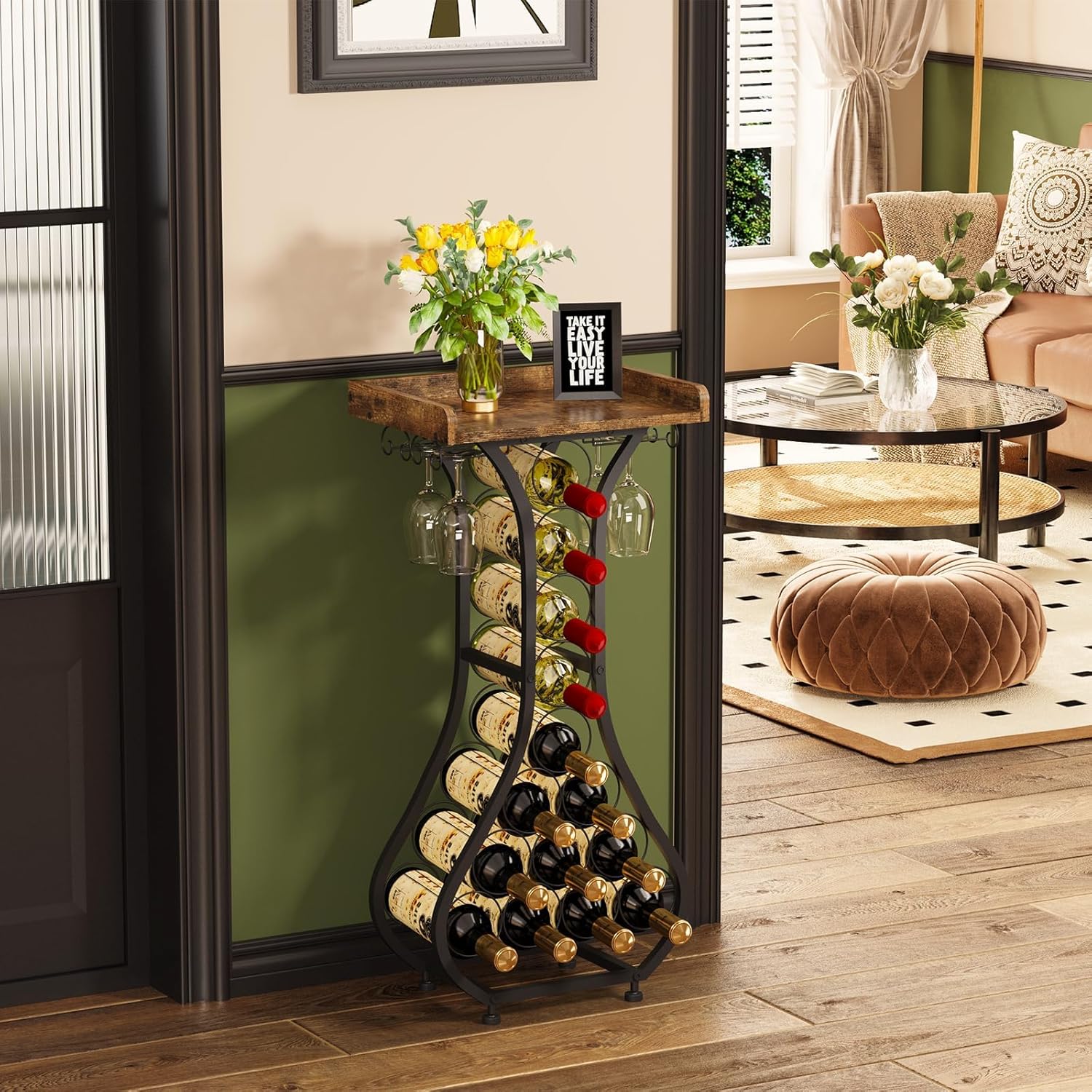 X-cosrack Wine Rack Freestanding Floor, Mini Bar Table Wine Holder Stand Liquor Cabinet with Glass Holder Wood Tabletop 14 Bottles Floor Wine Storage for Home Bar Kitchen Living Room