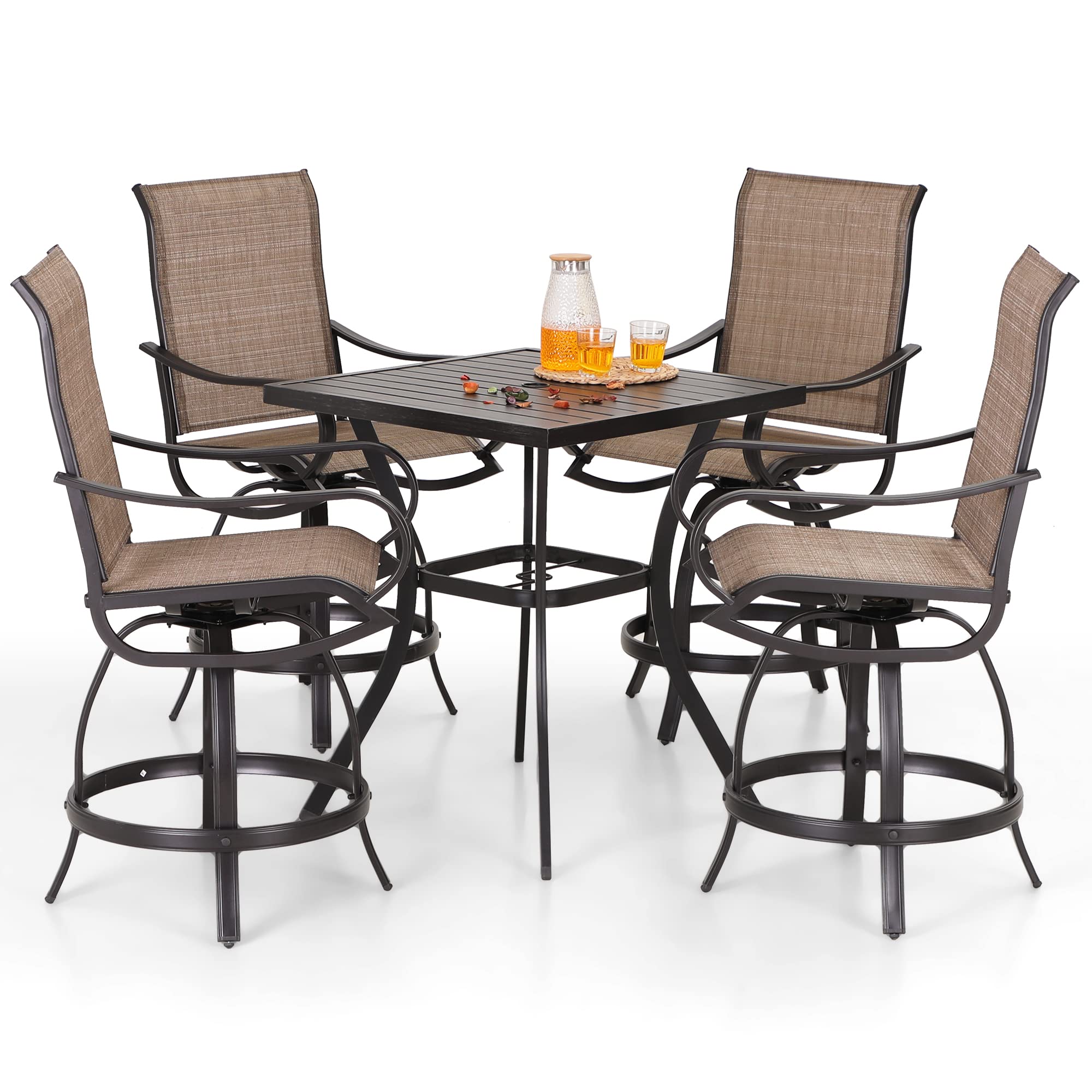 PHI Villa Outdoor Swivel Bar Stools Set of 4, Counter Height Patio Chairs with Waterproof Textile Fabric Brown, Rustproof Metal Frame & Circular Footrest for Poolside, Garden, Yard