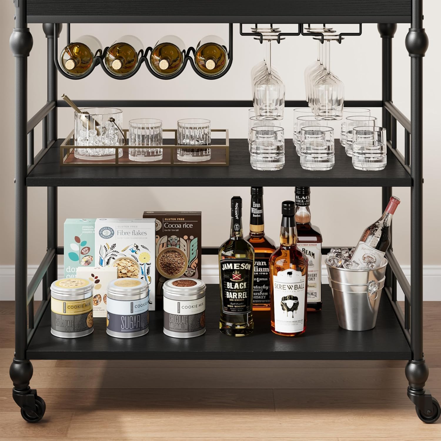 GarveeHome Bar Cart with Wheels, 3-Tier Serving Cart for Home, Mobile Rolling Beverage Cart with Wine Rack and Removable Tray for Kitchen, Dining, Living Room, 35.4" x 15.7" x 34.1", Black