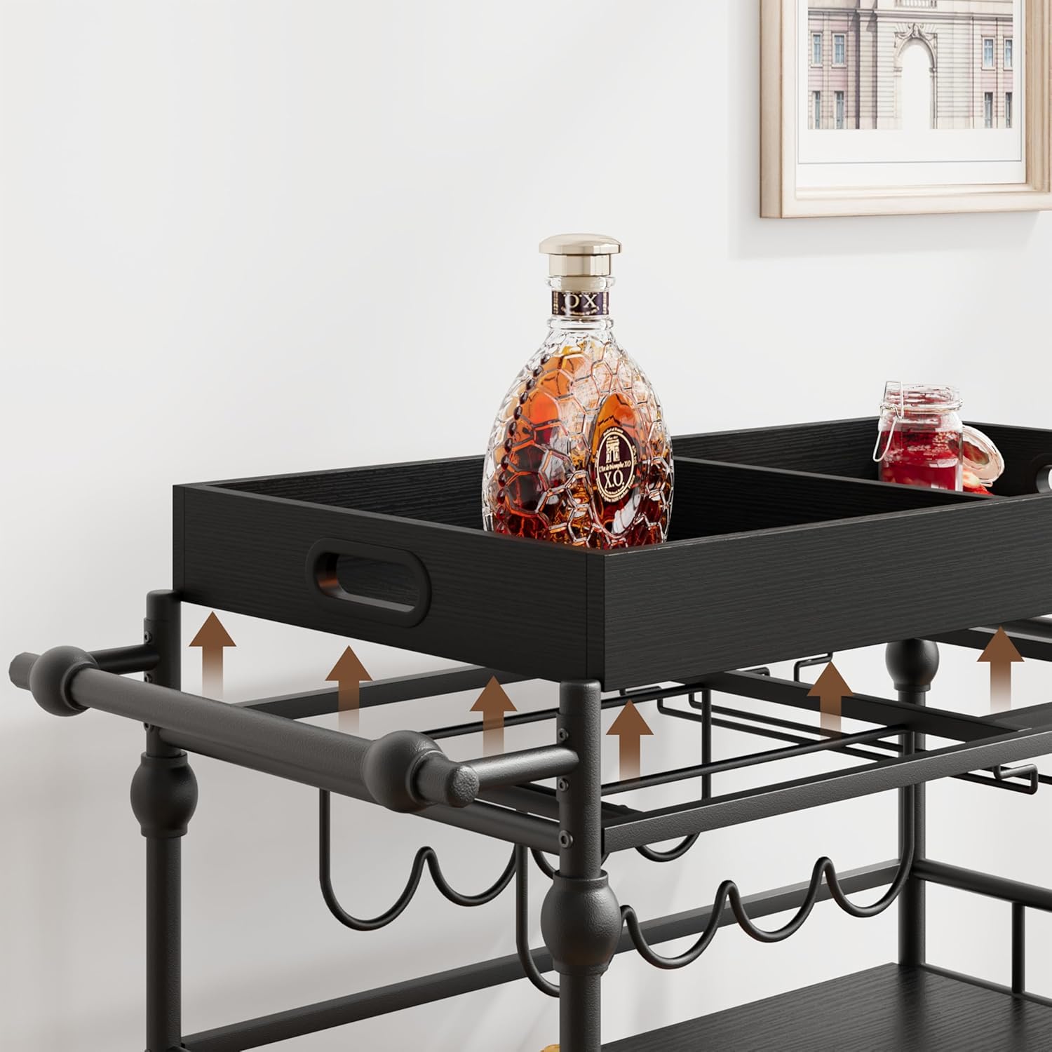 GarveeHome Bar Cart with Wheels, 3-Tier Serving Cart for Home, Mobile Rolling Beverage Cart with Wine Rack and Removable Tray for Kitchen, Dining, Living Room, 35.4" x 15.7" x 34.1", Black