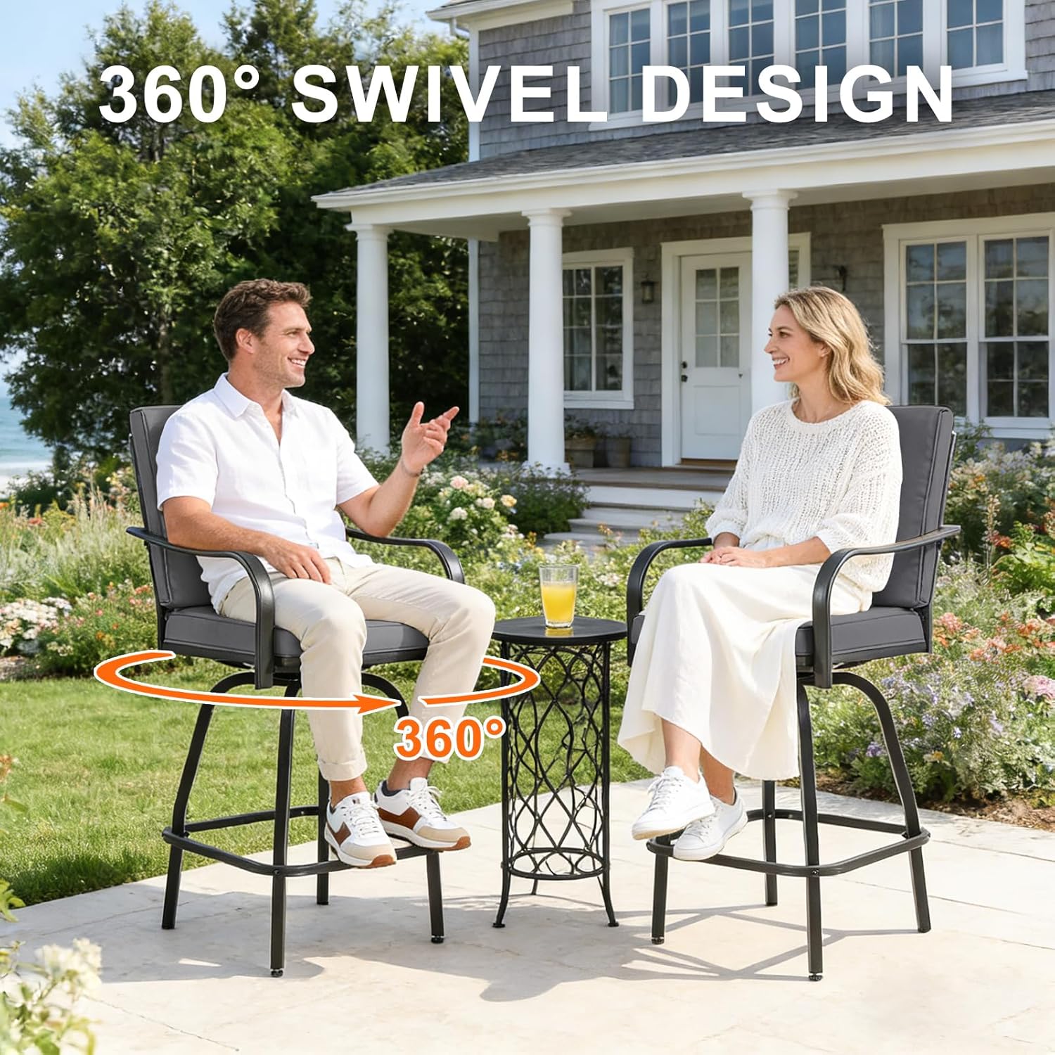 Patio Swivel Bar Stools Set of 2, Outdoor Bar Height Swivel Chairs with Cushions for Garden Balcony Backyard, Grey