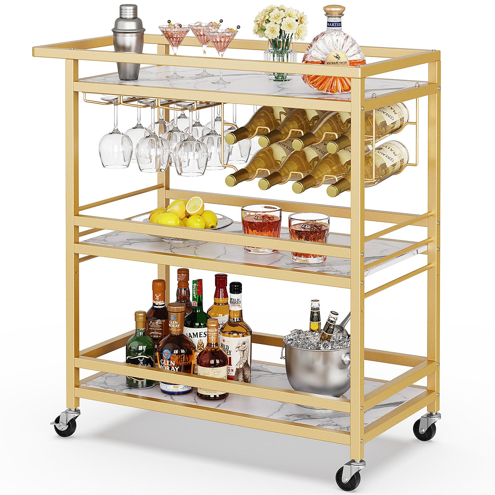 Leteuke Bar Cart for Home, 3 Tier Gold Serving Rolling Carts with Wheels, Drink Cart, Liquor Stand with Marbled Wooden Shelves, Wine Rack and Glass Holder for Kitchen, Dining Room