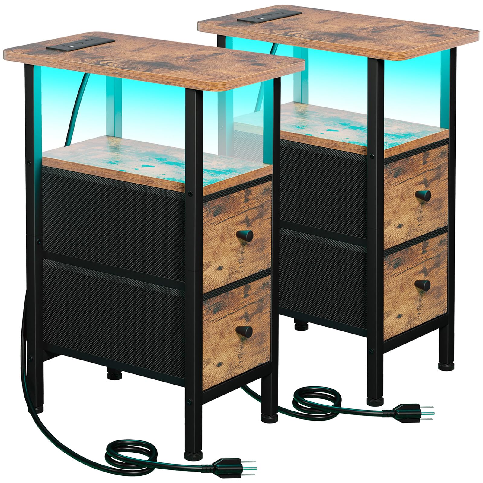 Narrow Nightstand with Charging Station, End Tables Living Room Set of 2, Skinny Side Table with Fabric Drawers, Slim Sofa Table for Bedroom, Small Spaces, Couch, Rustic Brown, HETNDP02PBR