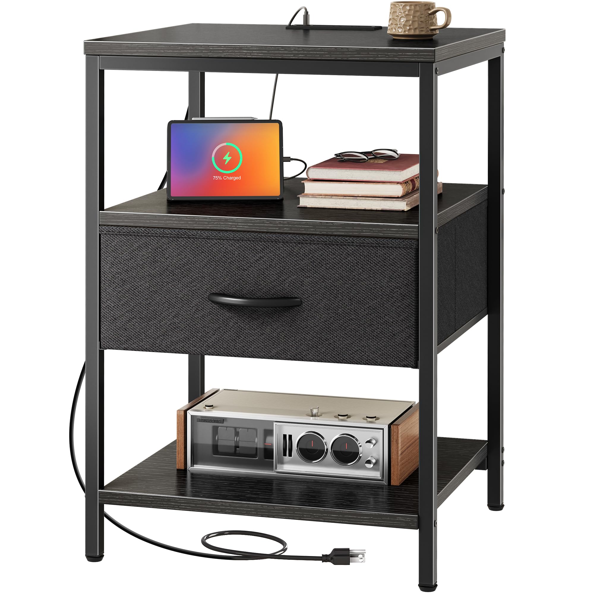 SUPERJARE Nightstand with Charging Station, Bed Side Table with Adjustable Fabric Drawer, Night Stand for Bedroom, 3-Tier Storage End Table, for Living Room, Rustic Brown and Black