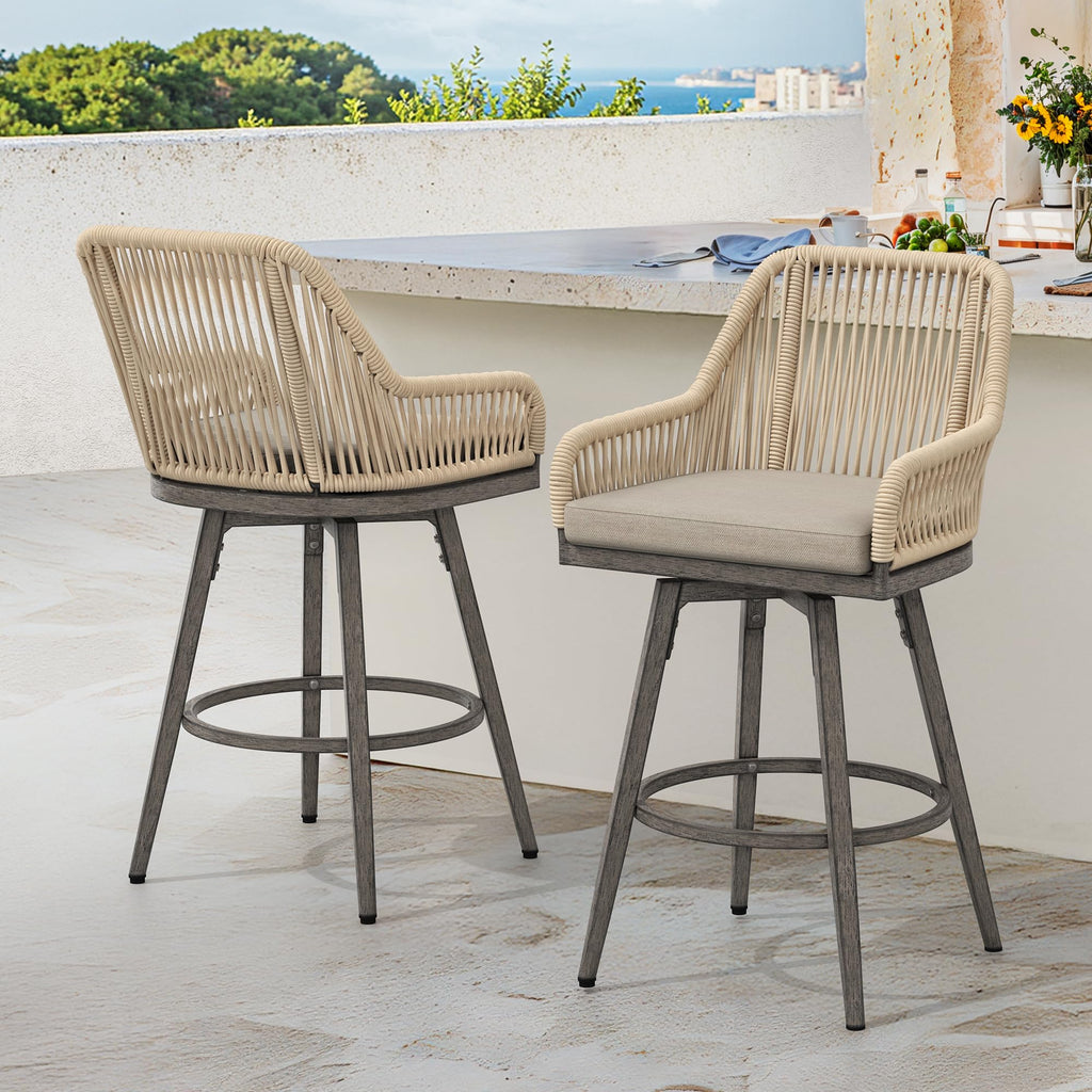 360° Swivel Outdoor Bar Stools Set of 4, Modern Aluminum Wicker Patio Chair with Olefin Rope Curved Backrest and Circular Cushion, Bar Stools for Patio, Garden, Kitchen, Mocha Grey