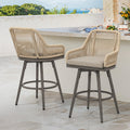 360° Swivel Outdoor Bar Stools Set of 4, Modern Aluminum Wicker Patio Chair with Olefin Rope Curved Backrest and Circular Cushion, Bar Stools for Patio, Garden, Kitchen, Mocha Grey