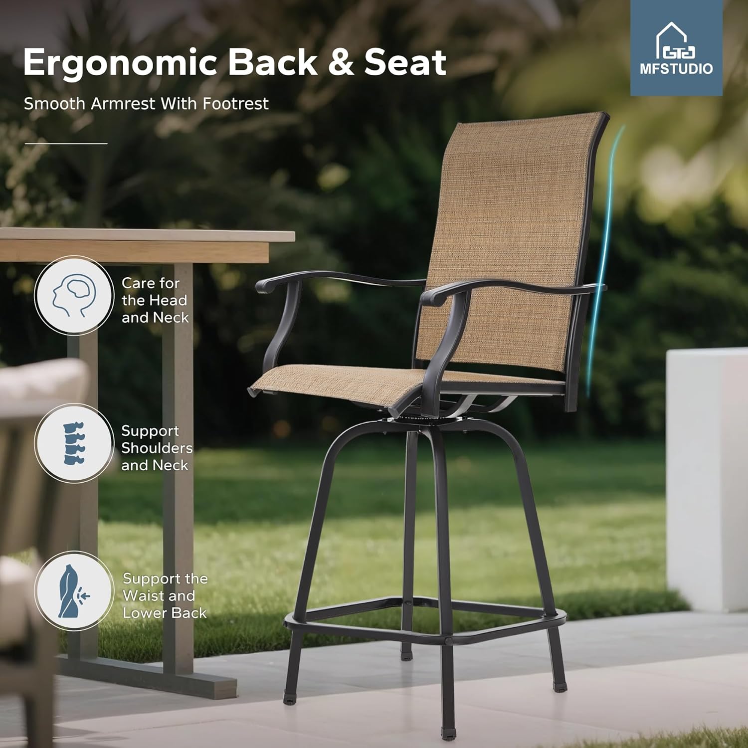 MFSTUDIO Outdoor Bar Stools Set of 4, Swivel Bar Height Patio Chairs Outdoor Barstools High Top Patio Swivel Bar Chairs, Breathable Textilene