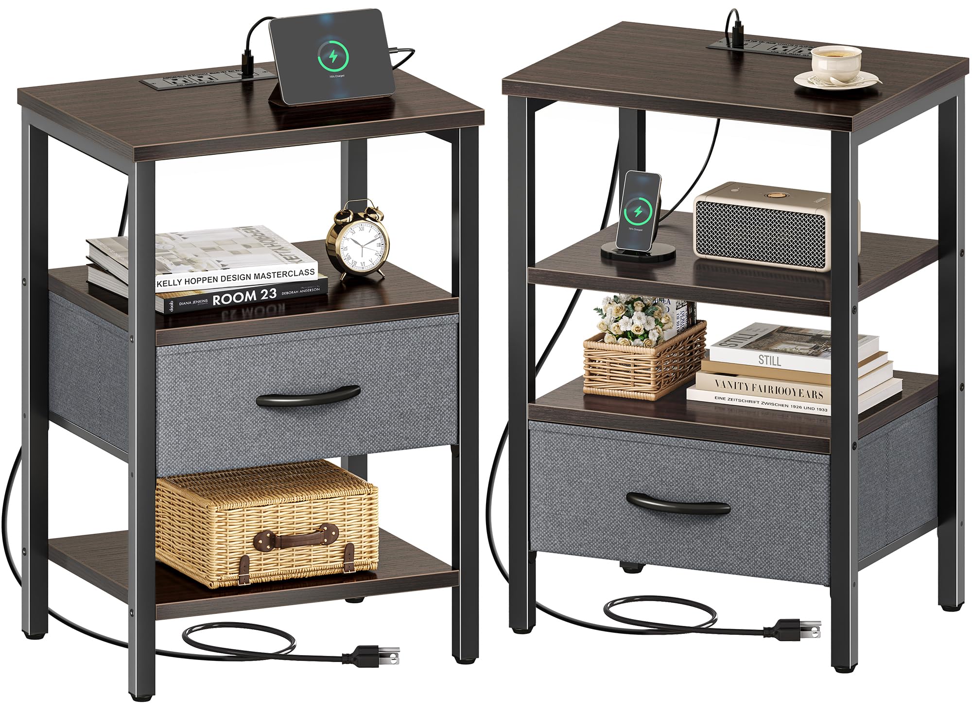 SUPERJARE Nightstand with Charging Station, Bed Side Table with Adjustable Fabric Drawer, Night Stand for Bedroom, 3-Tier Storage End Table, for Living Room, Rustic Brown and Black