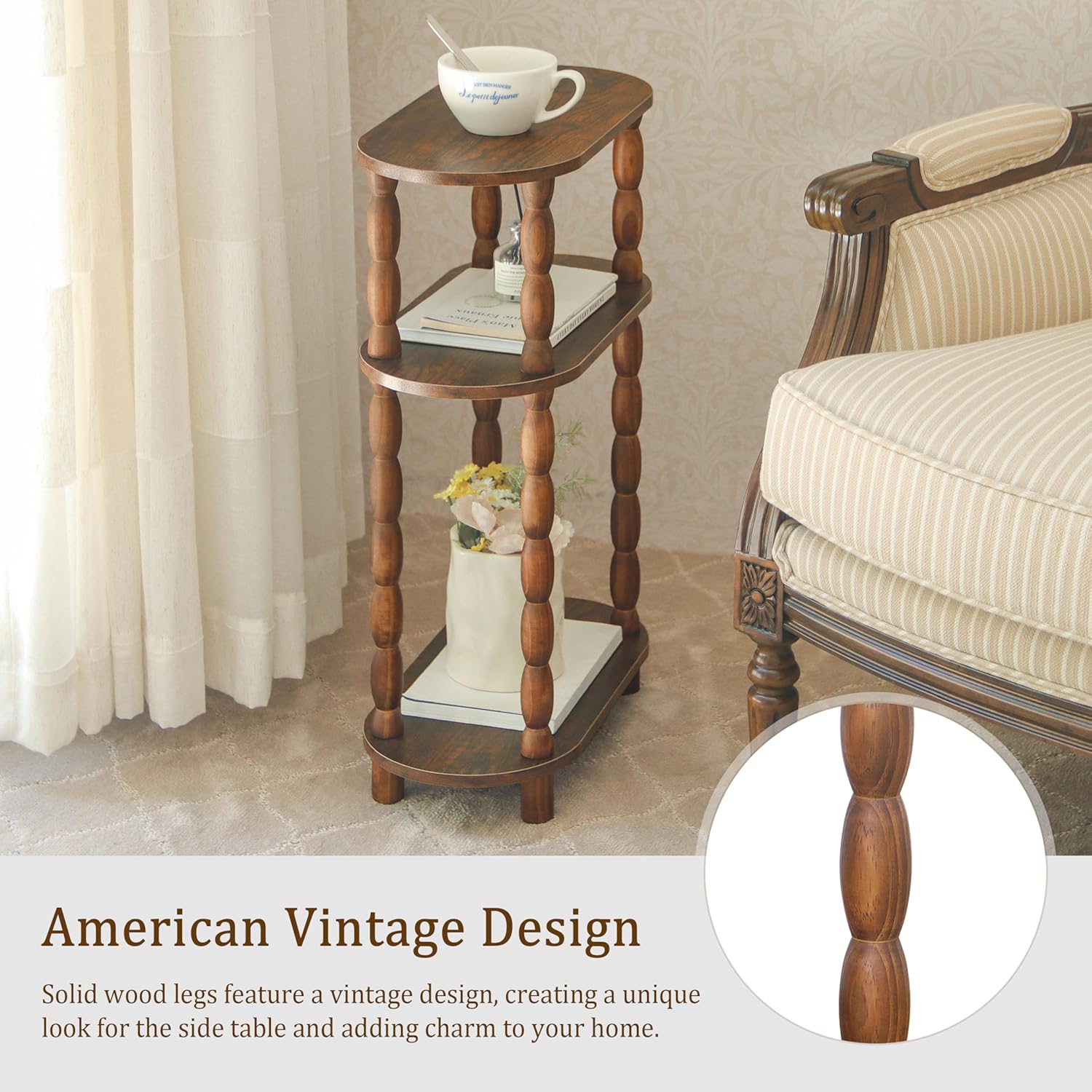 MaxSmeo Small Narrow Side Table, 3-Tier Narrow End Table with Storage, Skinny Side Table Nightstand for Small Space, Bedrooms, Living Room (Rustic Brown)