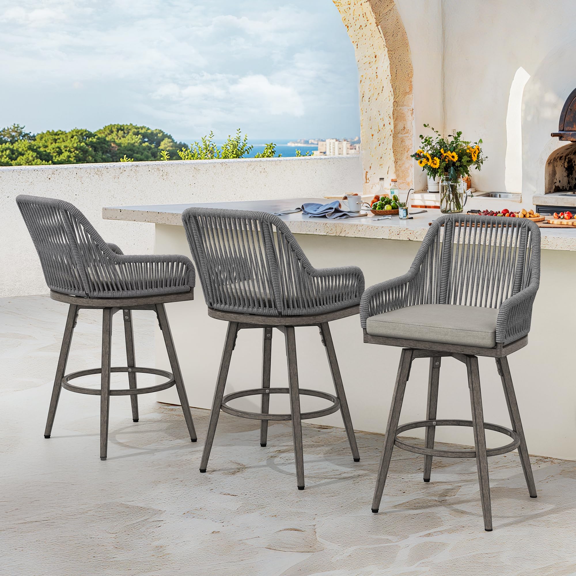 360° Swivel Outdoor Bar Stools Set of 4, Modern Aluminum Wicker Patio Chair with Olefin Rope Curved Backrest and Circular Cushion, Bar Stools for Patio, Garden, Kitchen, Mocha Grey