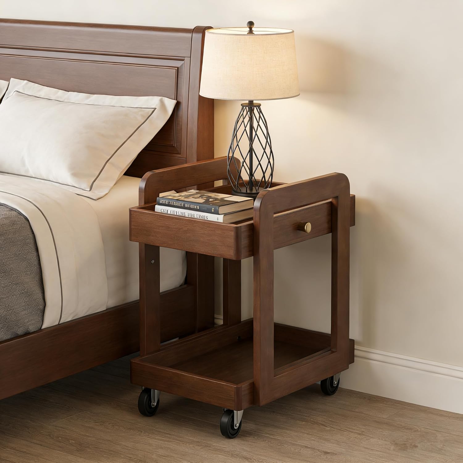 Solid Wood Bar Cart with Drawer, 2-Tier Mobile Side Table with Universal Wheels, Walnut Finish Storage Trolley for Living Room, Tea Room, Bedroom