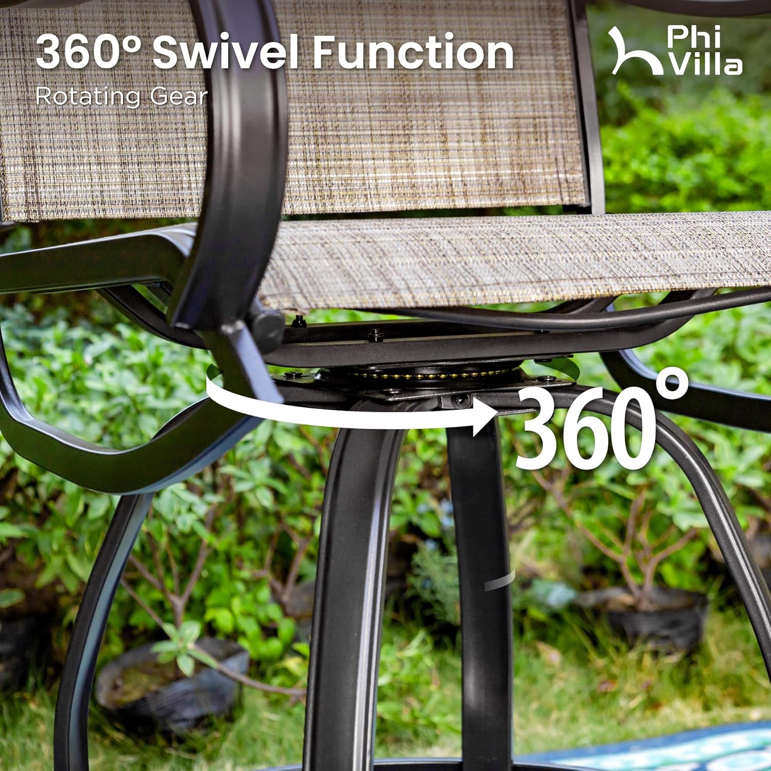 PHI Villa Outdoor Swivel Bar Stools Set of 4, Counter Height Patio Chairs with Waterproof Textile Fabric Brown, Rustproof Metal Frame & Circular Footrest for Poolside, Garden, Yard