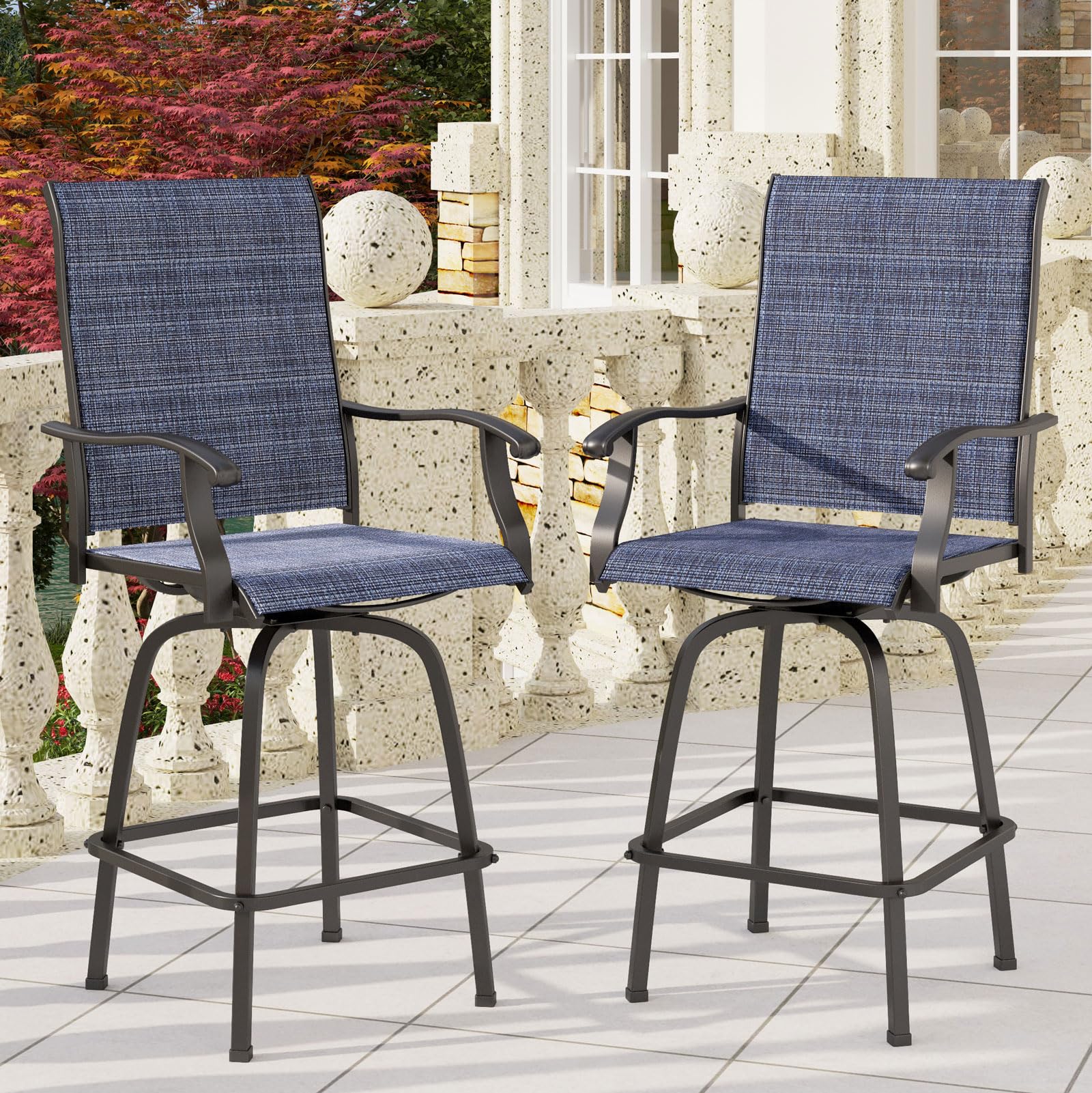 PHI VILLA Outdoor Swivel Bar Stools Set of 2, High Top Patio Chairs with Padded Textilene Seating, All-Weather Bar Height Furniture for Kitchen or Outside, Padded Brown Textilene