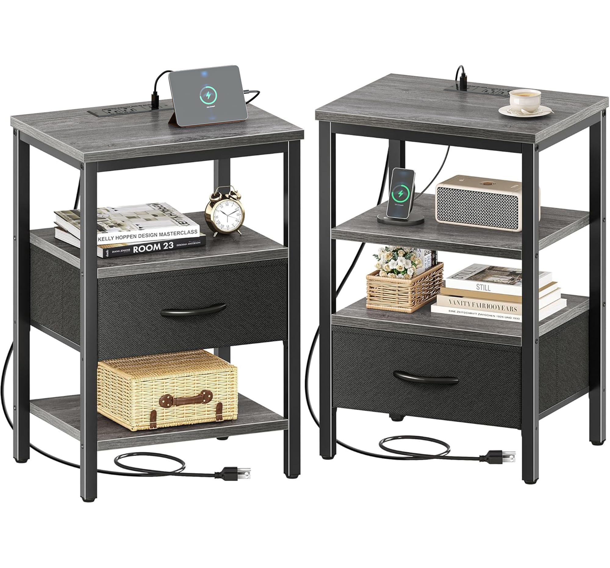 SUPERJARE Nightstand with Charging Station, Bed Side Table with Adjustable Fabric Drawer, Night Stand for Bedroom, 3-Tier Storage End Table, for Living Room, Rustic Brown and Black