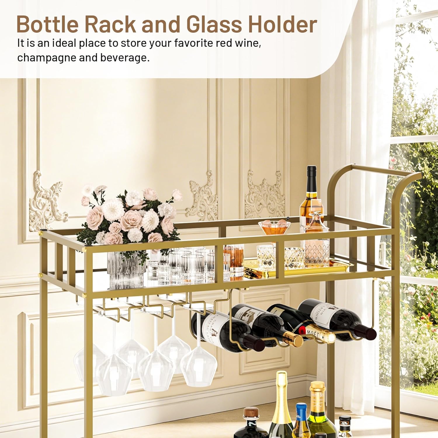 2-Tier Rolling Bar Cart with Mirrored Shelves, Portable Metal Beverage Cart with Wine Bottle Racks & Glass Holders, Compact Serving Cart on Wheels for Home, Kitchen, Dining Room, or Parties, Black