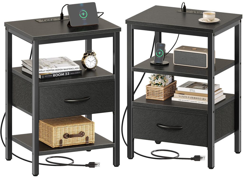 SUPERJARE Nightstand with Charging Station, Bed Side Table with Adjustable Fabric Drawer, Night Stand for Bedroom, 3-Tier Storage End Table, for Living Room, Rustic Brown and Black