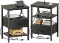SUPERJARE Nightstand with Charging Station, Bed Side Table with Adjustable Fabric Drawer, Night Stand for Bedroom, 3-Tier Storage End Table, for Living Room, Rustic Brown and Black