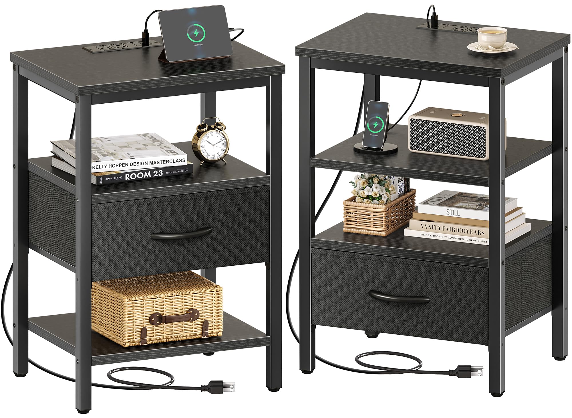 SUPERJARE Nightstand with Charging Station, Bed Side Table with Adjustable Fabric Drawer, Night Stand for Bedroom, 3-Tier Storage End Table, for Living Room, Rustic Brown and Black