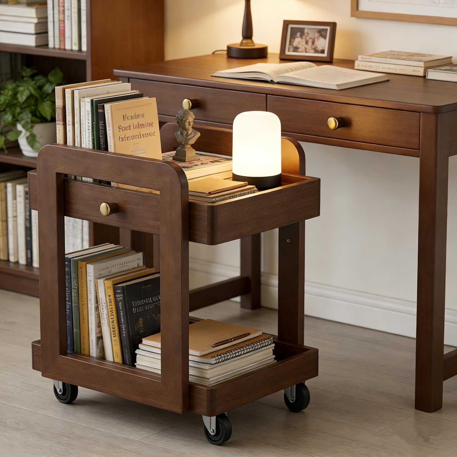 Solid Wood Bar Cart with Drawer, 2-Tier Mobile Side Table with Universal Wheels, Walnut Finish Storage Trolley for Living Room, Tea Room, Bedroom