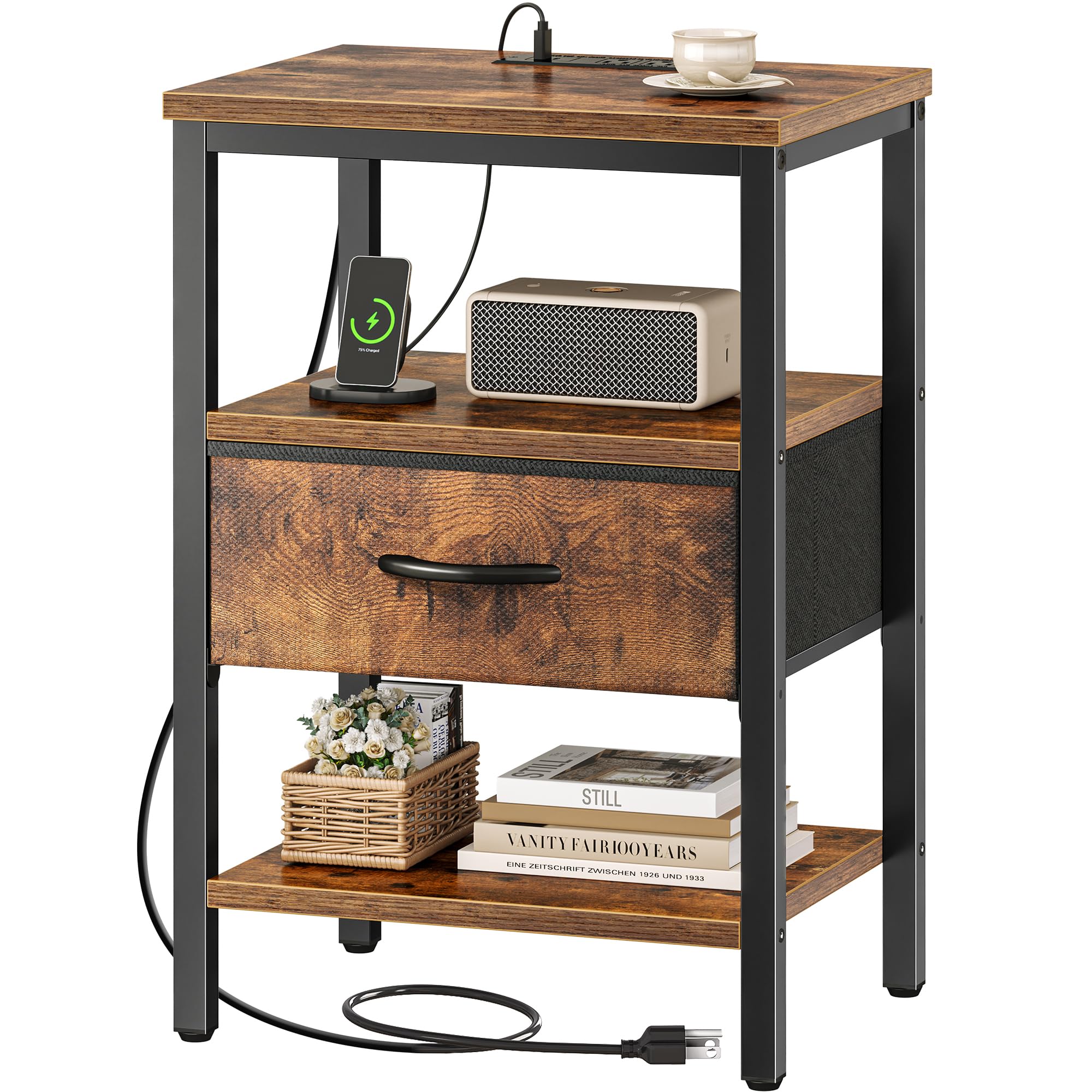 SUPERJARE Nightstand with Charging Station, Bed Side Table with Adjustable Fabric Drawer, Night Stand for Bedroom, 3-Tier Storage End Table, for Living Room, Rustic Brown and Black
