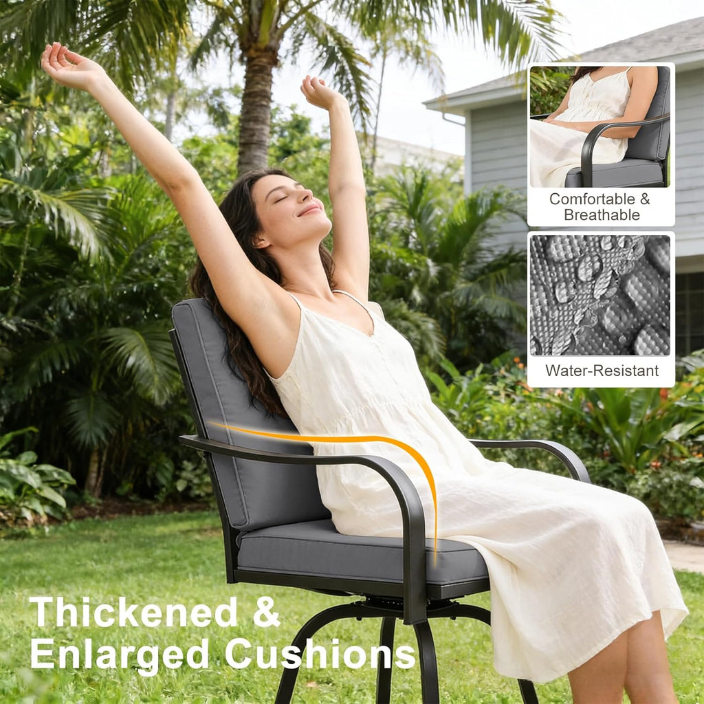 Patio Swivel Bar Stools Set of 2, Outdoor Bar Height Swivel Chairs with Cushions for Garden Balcony Backyard, Grey