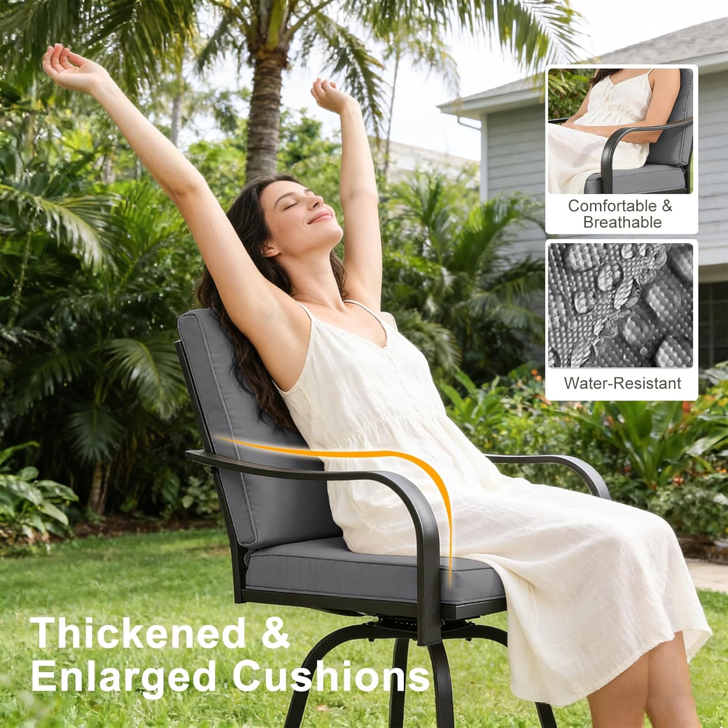 Patio Swivel Bar Stools Set of 2, Outdoor Bar Height Swivel Chairs with Cushions for Garden Balcony Backyard, Grey