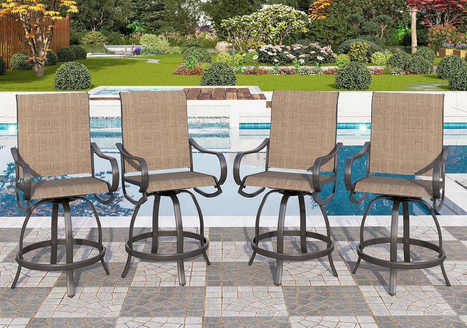 PHI Villa Outdoor Swivel Bar Stools Set of 4, Counter Height Patio Chairs with Waterproof Textile Fabric Brown, Rustproof Metal Frame & Circular Footrest for Poolside, Garden, Yard