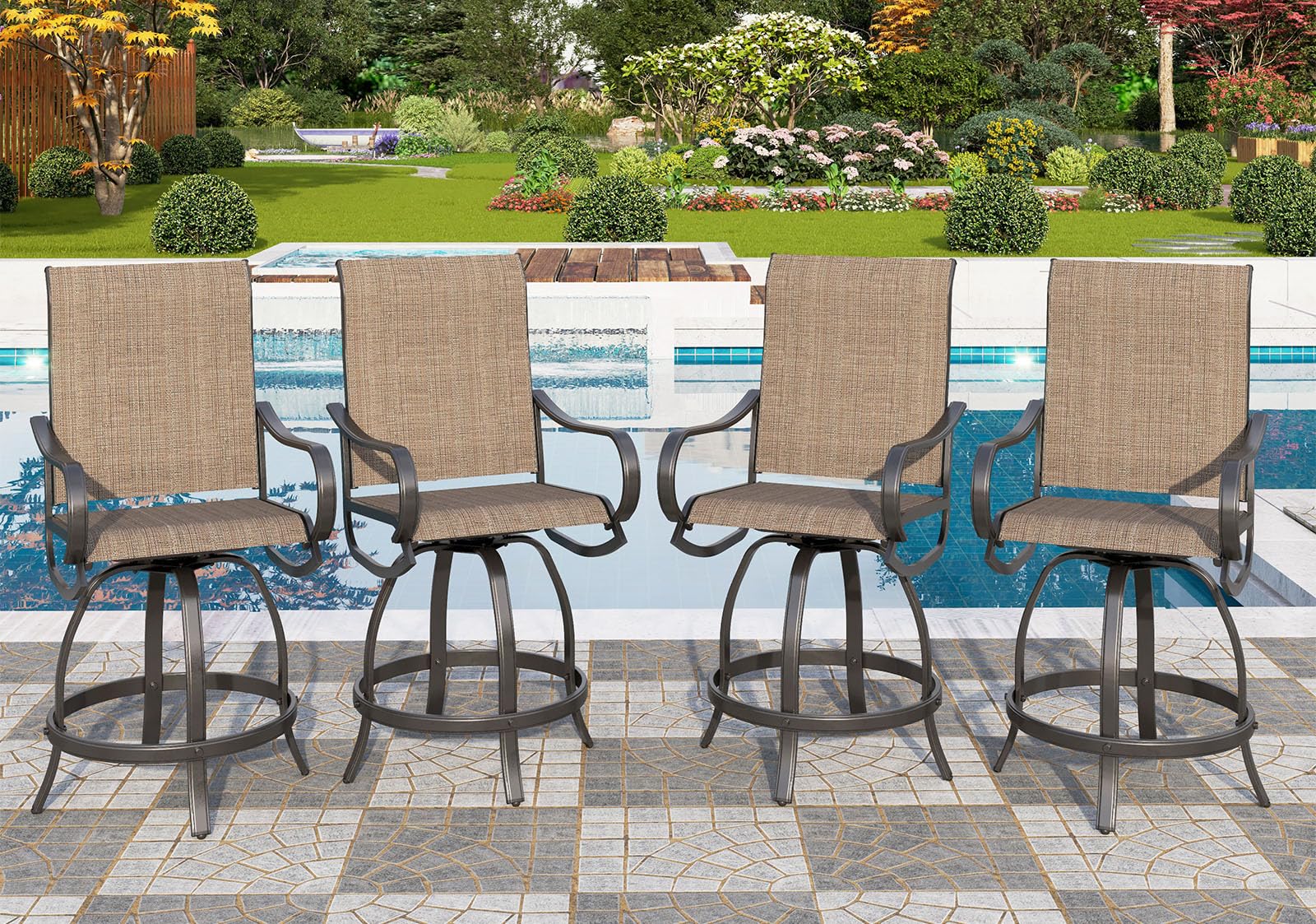 PHI Villa Outdoor Swivel Bar Stools Set of 4, Counter Height Patio Chairs with Waterproof Textile Fabric Brown, Rustproof Metal Frame & Circular Footrest for Poolside, Garden, Yard