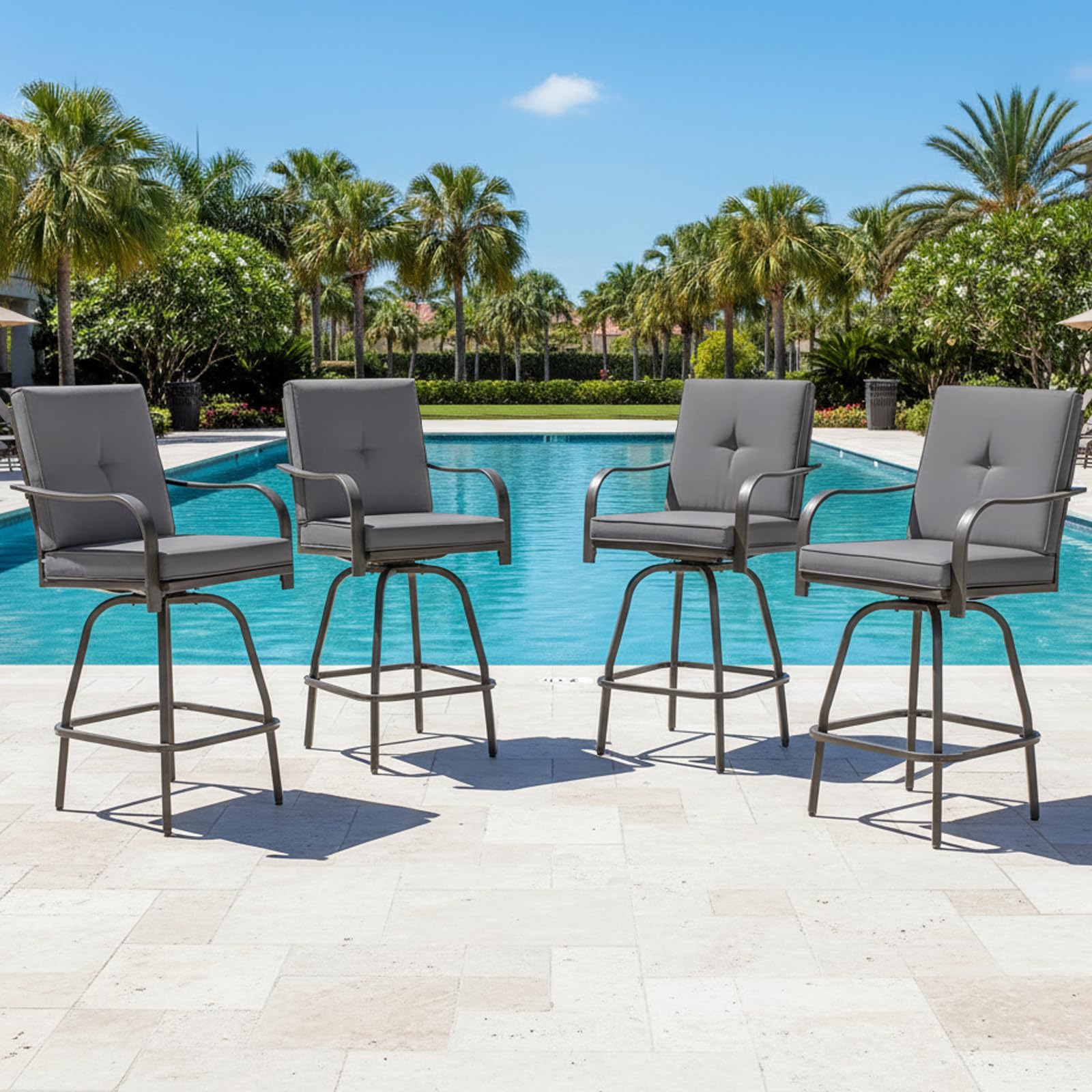 Patio Swivel Bar Stools Set of 2, Outdoor Bar Height Swivel Chairs with Cushions for Garden Balcony Backyard, Grey