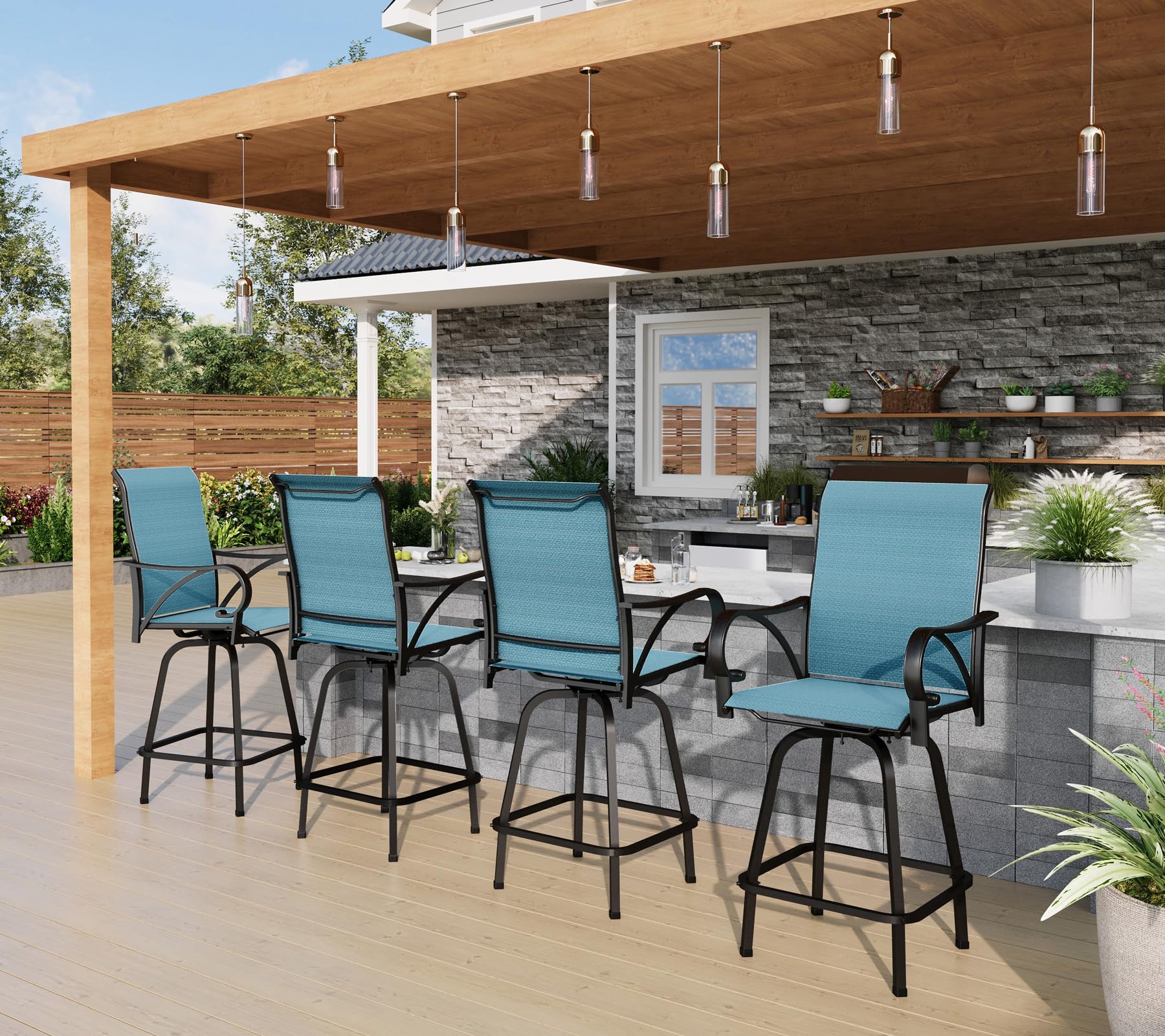 PHI VILLA Outdoor Swivel Bar Stools Set of 2, High Top Patio Chairs with Padded Textilene Seating, All-Weather Bar Height Furniture for Kitchen or Outside, Padded Brown Textilene