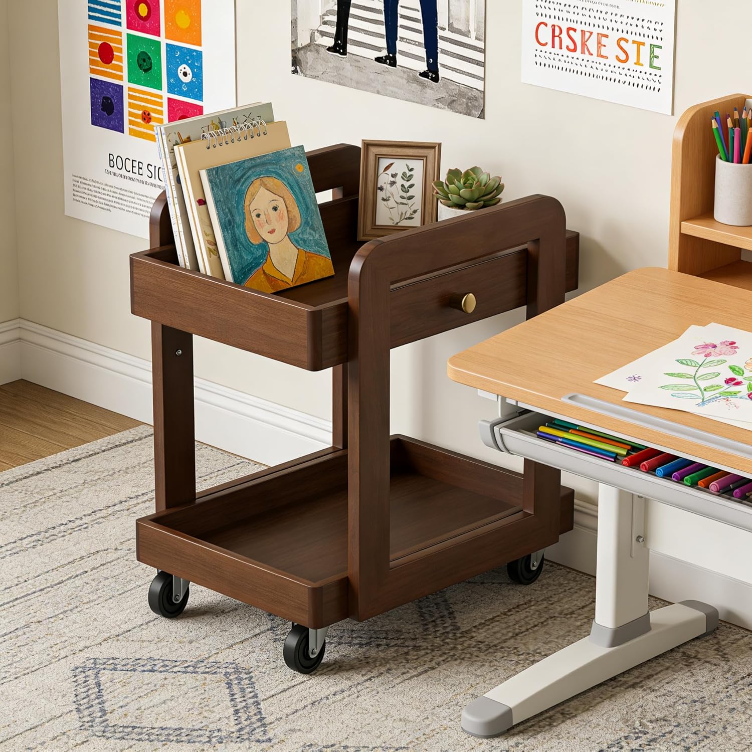 Solid Wood Bar Cart with Drawer, 2-Tier Mobile Side Table with Universal Wheels, Walnut Finish Storage Trolley for Living Room, Tea Room, Bedroom