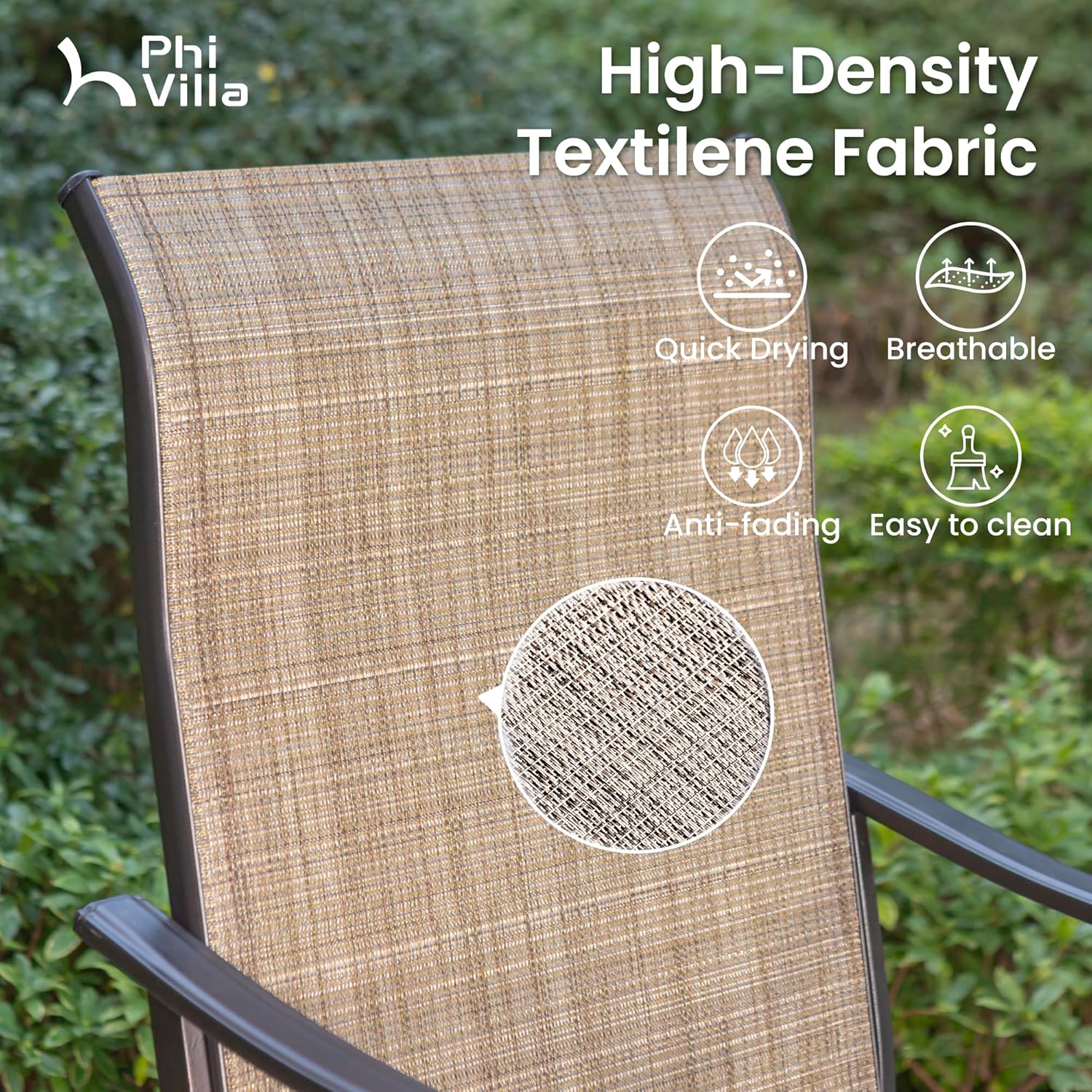 PHI Villa Outdoor Swivel Bar Stools Set of 4, Counter Height Patio Chairs with Waterproof Textile Fabric Brown, Rustproof Metal Frame & Circular Footrest for Poolside, Garden, Yard