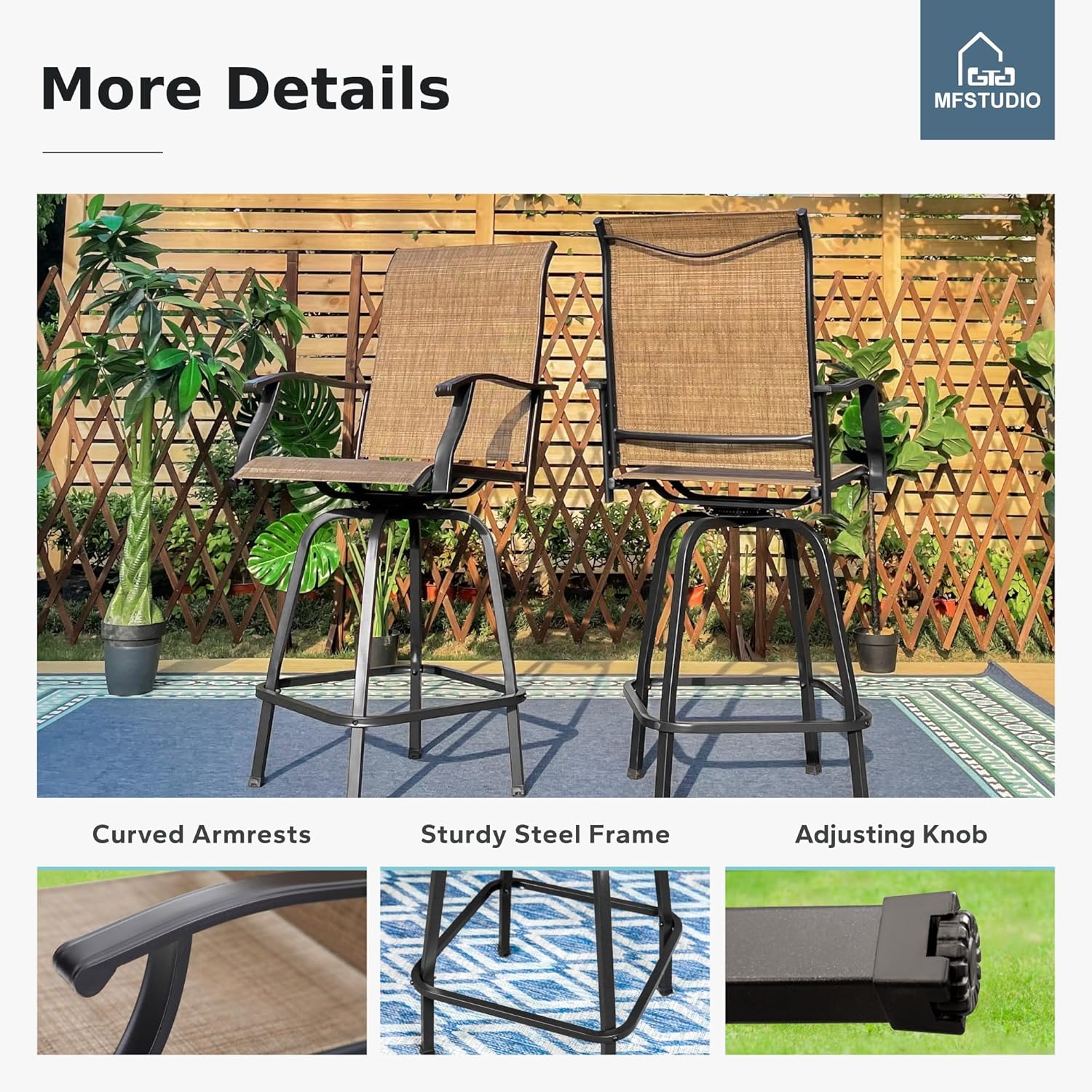 MFSTUDIO Outdoor Bar Stools Set of 4, Swivel Bar Height Patio Chairs Outdoor Barstools High Top Patio Swivel Bar Chairs, Breathable Textilene